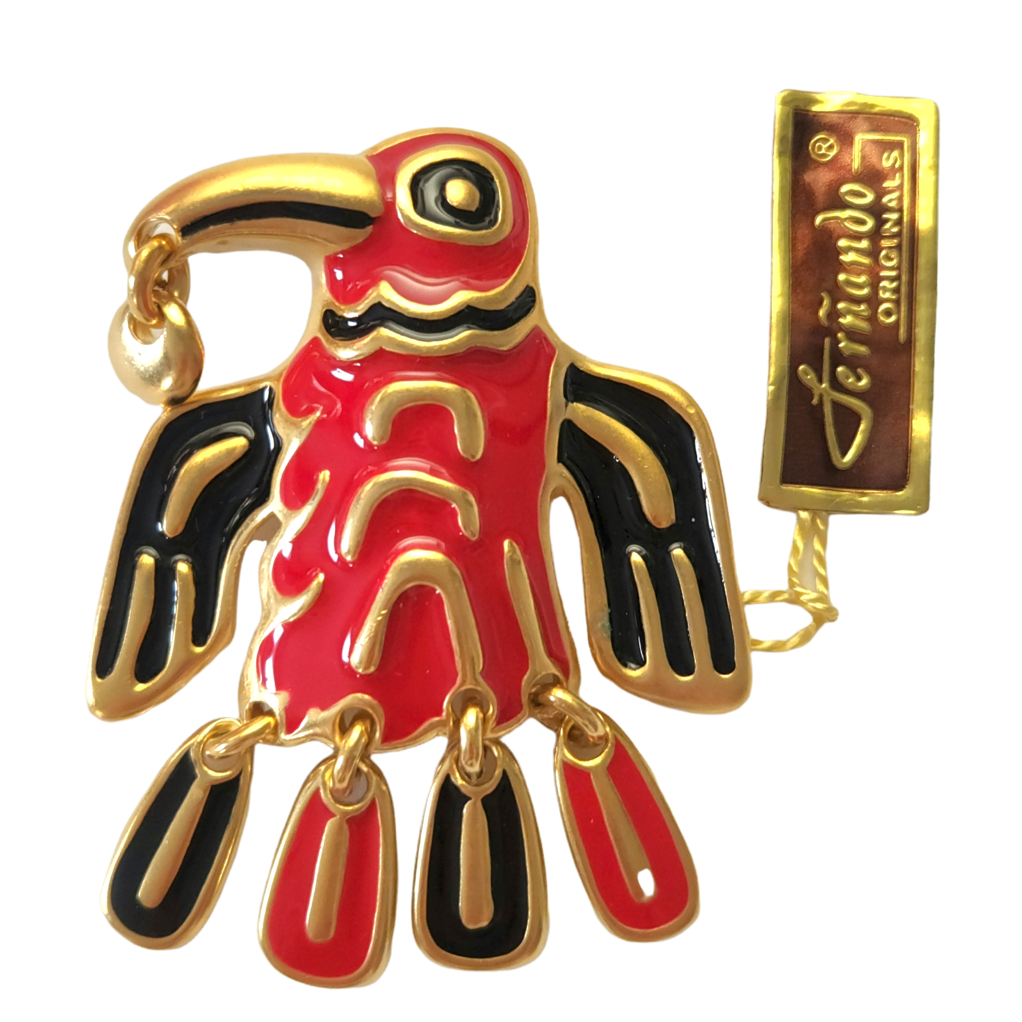 Stylized Red and Black Bird Vintage Brooch by Fernando Originals