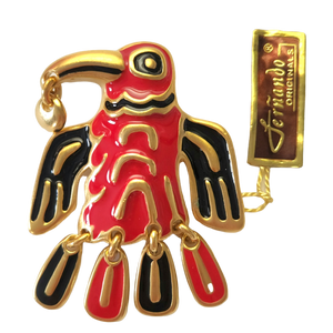 Stylized Red and Black Bird Vintage Brooch by Fernando Originals