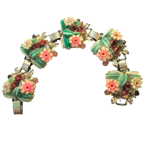 Rare Vintage Celluloid Floral 5-Link Bracelet - Pink, Green, Lavender, Purple