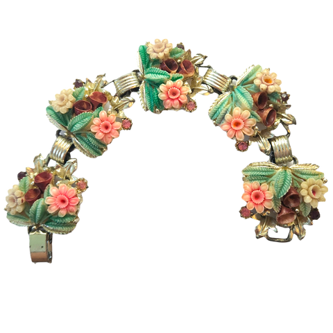 Rare Vintage Celluloid Floral 5-Link Bracelet - Pink, Green, Lavender, Purple