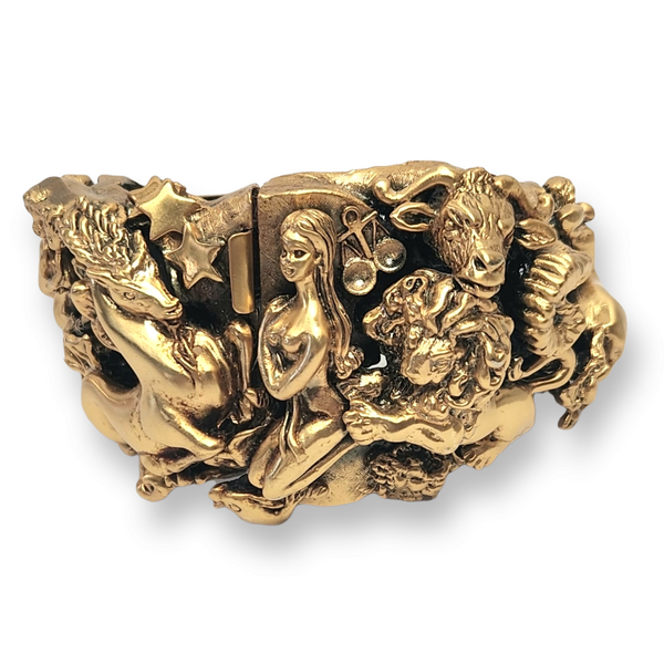 Tortolani Vintage 1960s Massive Goldtone Zodiac Cuff Bracelet