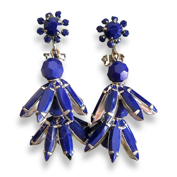 Vintage Deep Blue Hanging Rhinestone Flower Bell Earrings