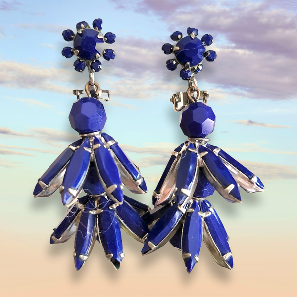 Vintage Deep Blue Hanging Rhinestone Flower Bell Earrings