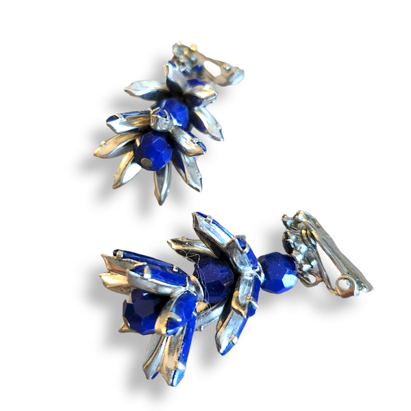 Vintage Deep Blue Hanging Rhinestone Flower Bell Earrings