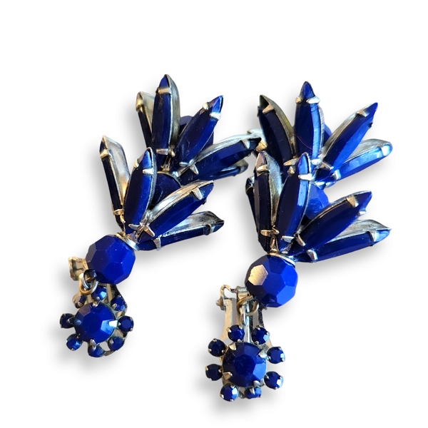 Vintage Deep Blue Hanging Rhinestone Flower Bell Earrings