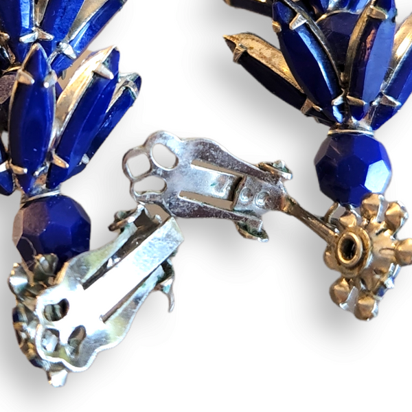 Vintage Deep Blue Hanging Rhinestone Flower Bell Earrings