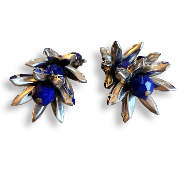 Vintage Deep Blue Hanging Rhinestone Flower Bell Earrings