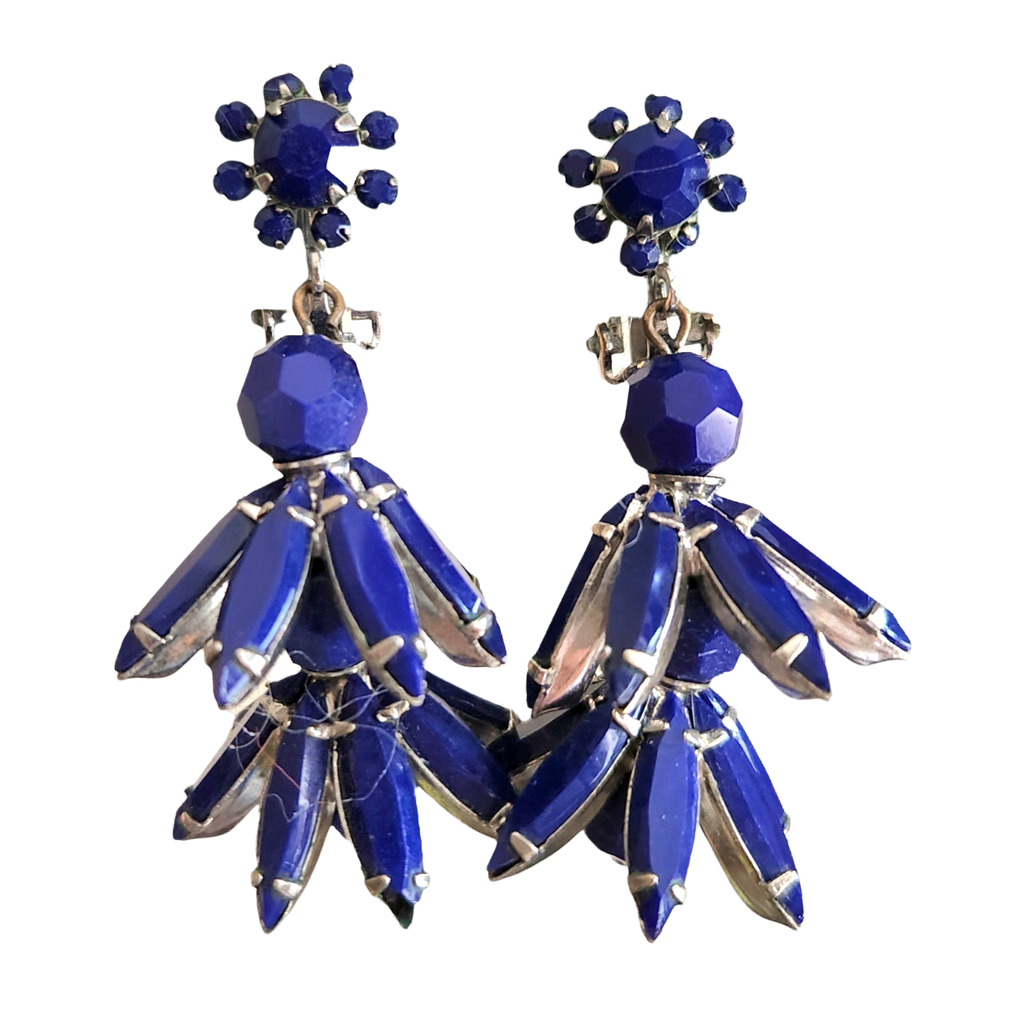 Vintage Deep BLUE RHINESTONE Drop Dangle Earrings Pierced 