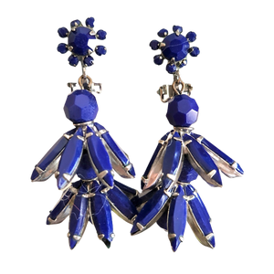 Vintage Deep Blue Hanging Rhinestone Flower Bell Earrings