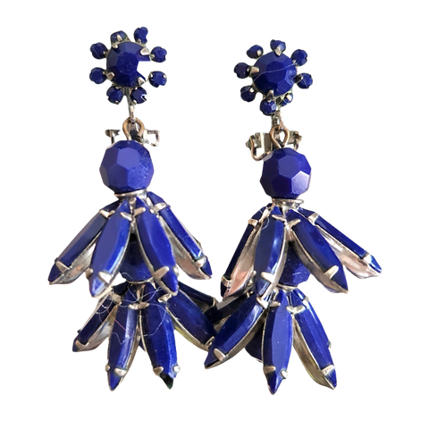 Vintage Deep Blue Hanging Rhinestone Flower Bell Earrings