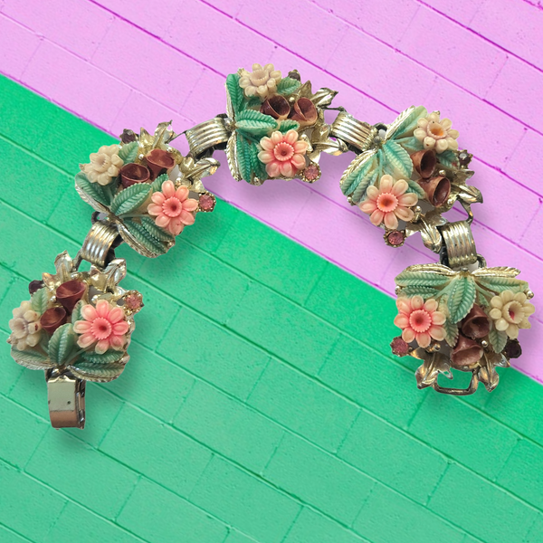 Rare Vintage Celluloid Floral 5-Link Bracelet - Pink, Green, Lavender, Purple