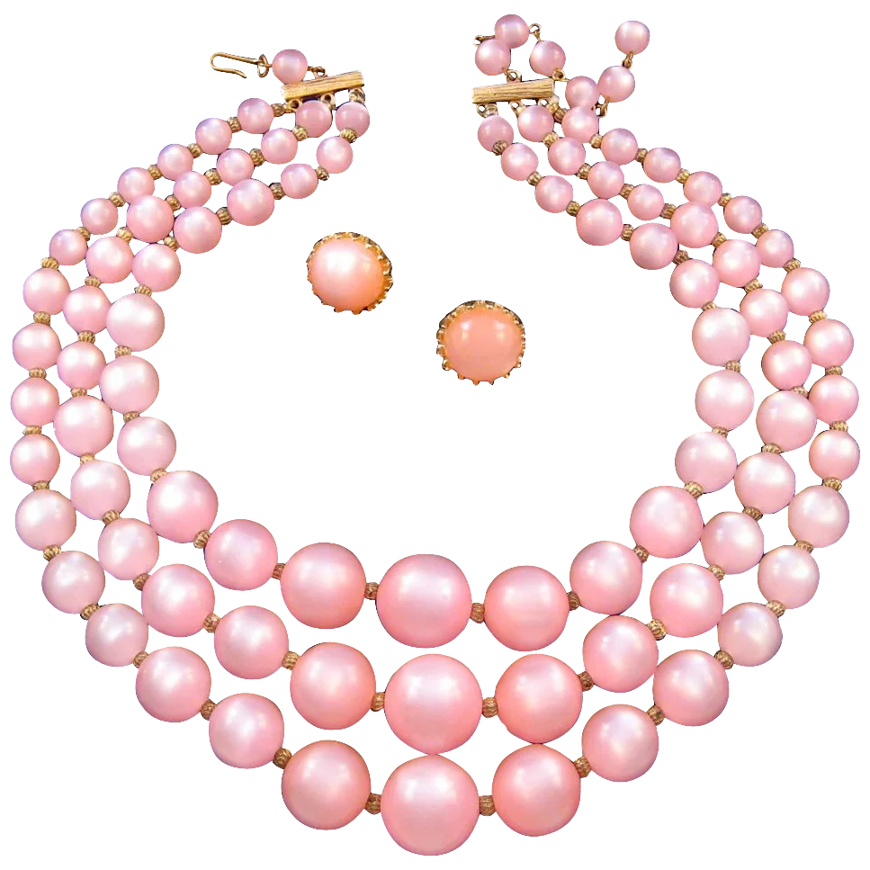 Pink Moonglow Lucite Triple-Strand Necklace with Earrings
