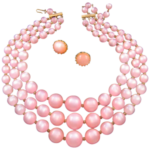 Pink Moonglow Lucite Triple-Strand Necklace with Earrings