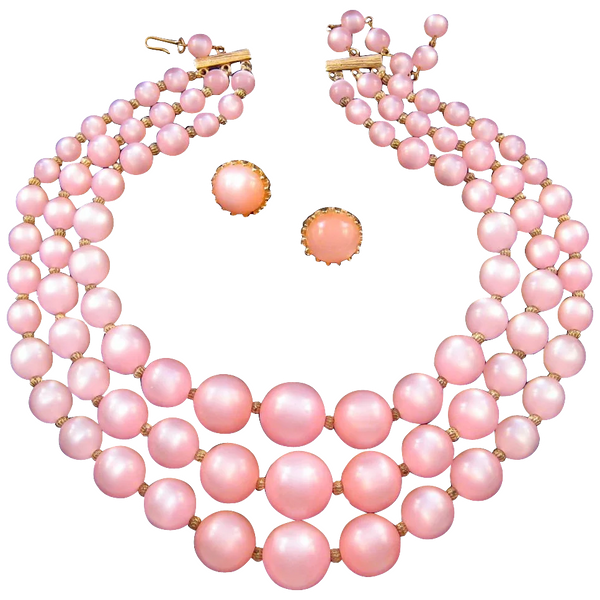 Pink Moonglow Lucite Triple-Strand Necklace with Earrings