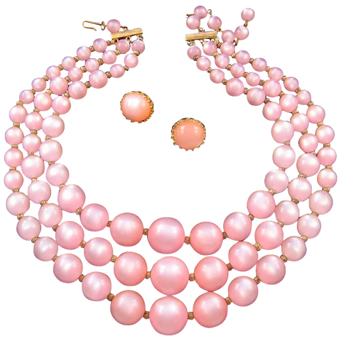 Pink Moonglow Lucite Triple-Strand Necklace with Earrings