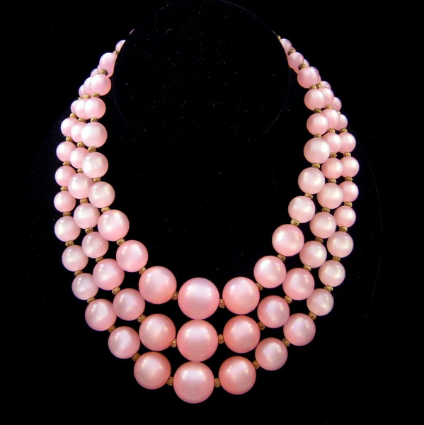 Pink Moonglow Lucite Triple-Strand Necklace with Earrings