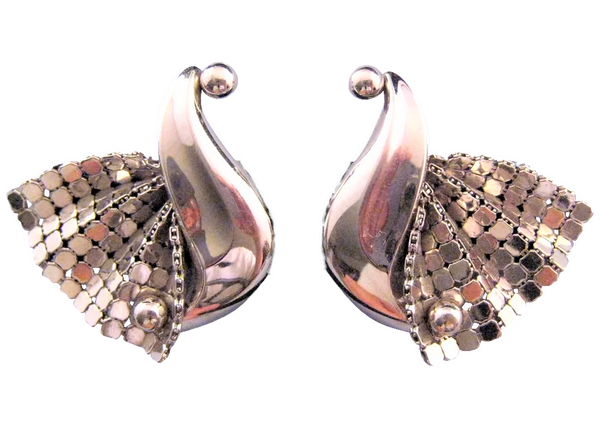 Stylized Swan Silvertone Mesh Earrings